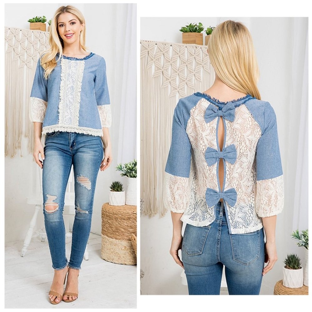 Denim Poplin Knit Fringed Victorian Lace 3/4 Sleeve Keyhole Bow Back Top 2005